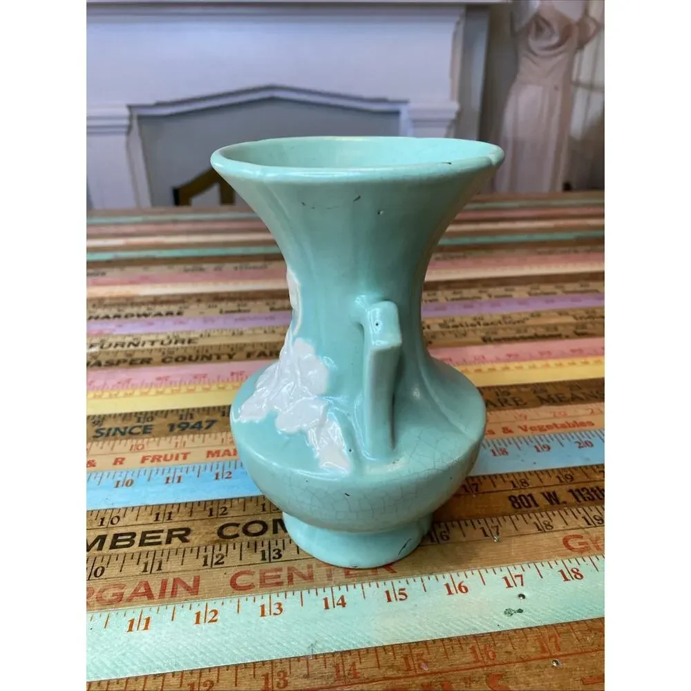 Vtg Weller Pottery Vase Double Handle Blue Floral Bouquet 30s Art Deco Nouveau